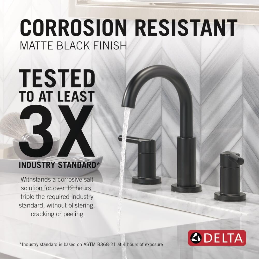 Delta Nicoli matte black faucet handle operates smoothly for confident daily use.