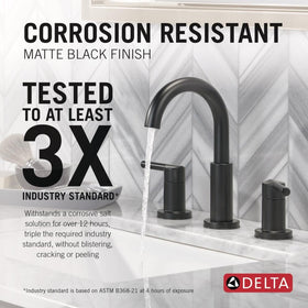 Delta Nicoli matte black faucet handle operates smoothly for confident daily use.