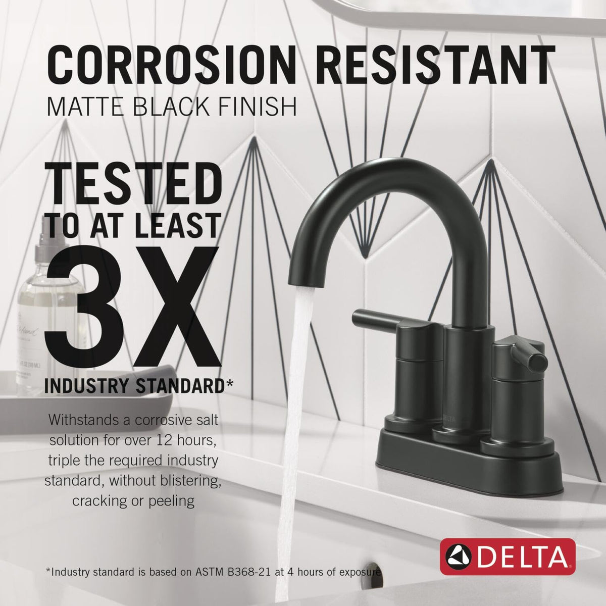 Delta Nicoli matte black faucet with push-pop drain for easy maintenance