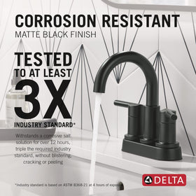 Delta Nicoli matte black faucet with push-pop drain for easy maintenance