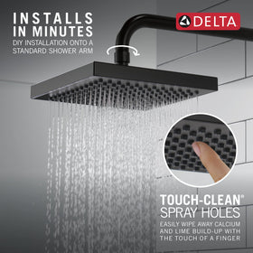 Delta overhead rainfall action delivers a spa-like shower experience.
