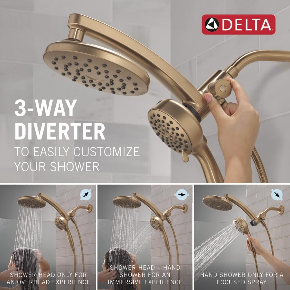 3-way diverter enables overhead and handheld use together or separately