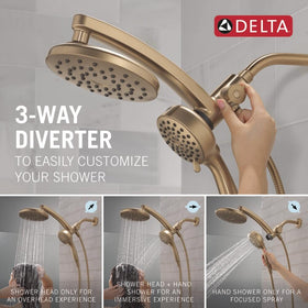 3-way diverter enables overhead and handheld use together or separately