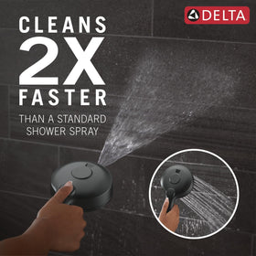 ProClean hand shower spray cleans soap scum faster on tiles and glass.