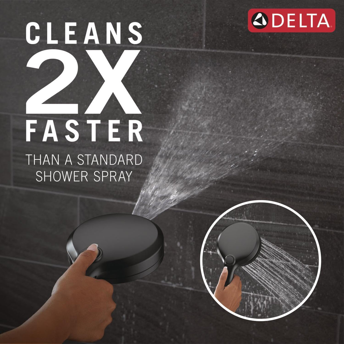 Delta ProClean hand shower spray delivers faster tile cleaning and easier soap scum removal.