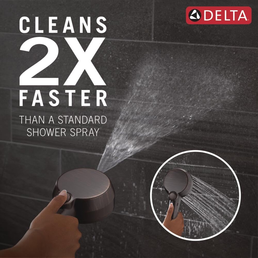 Delta ProClean high-pressure spray demonstrates powerful cleaning action for tiles.