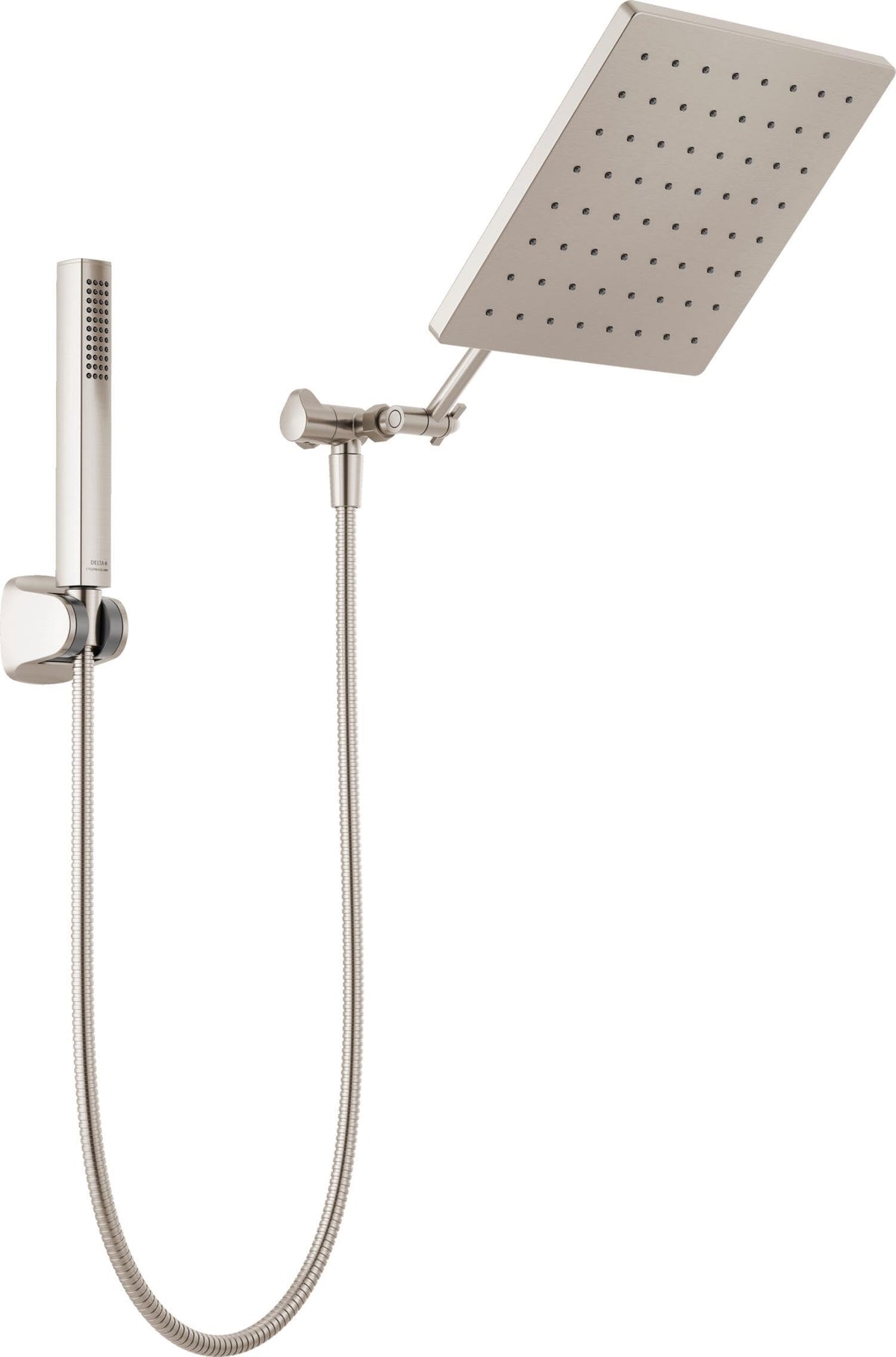 Delta raincan shower head with Brushed Nickel finish for luxurious overhead rainfall