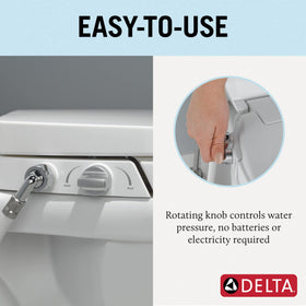 Front spray view of Delta Refresh bidet seat with self-cleaning wand for targeted cleansing.