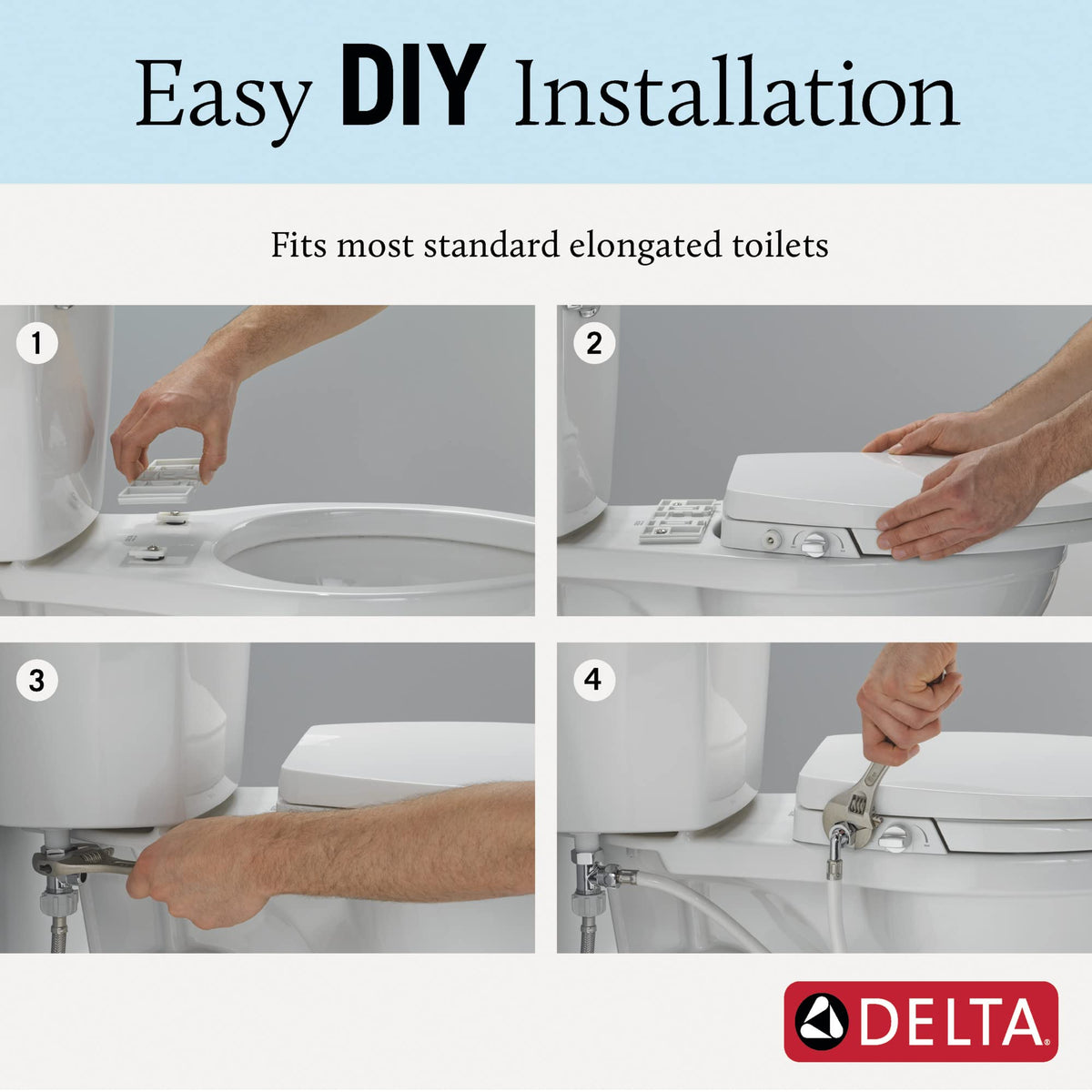 Rear spray view of Delta Refresh bidet seat with self-cleaning wand retraction.