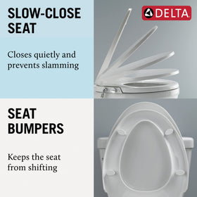 Elongated seat with slow-close hinges minimizes movement during use.