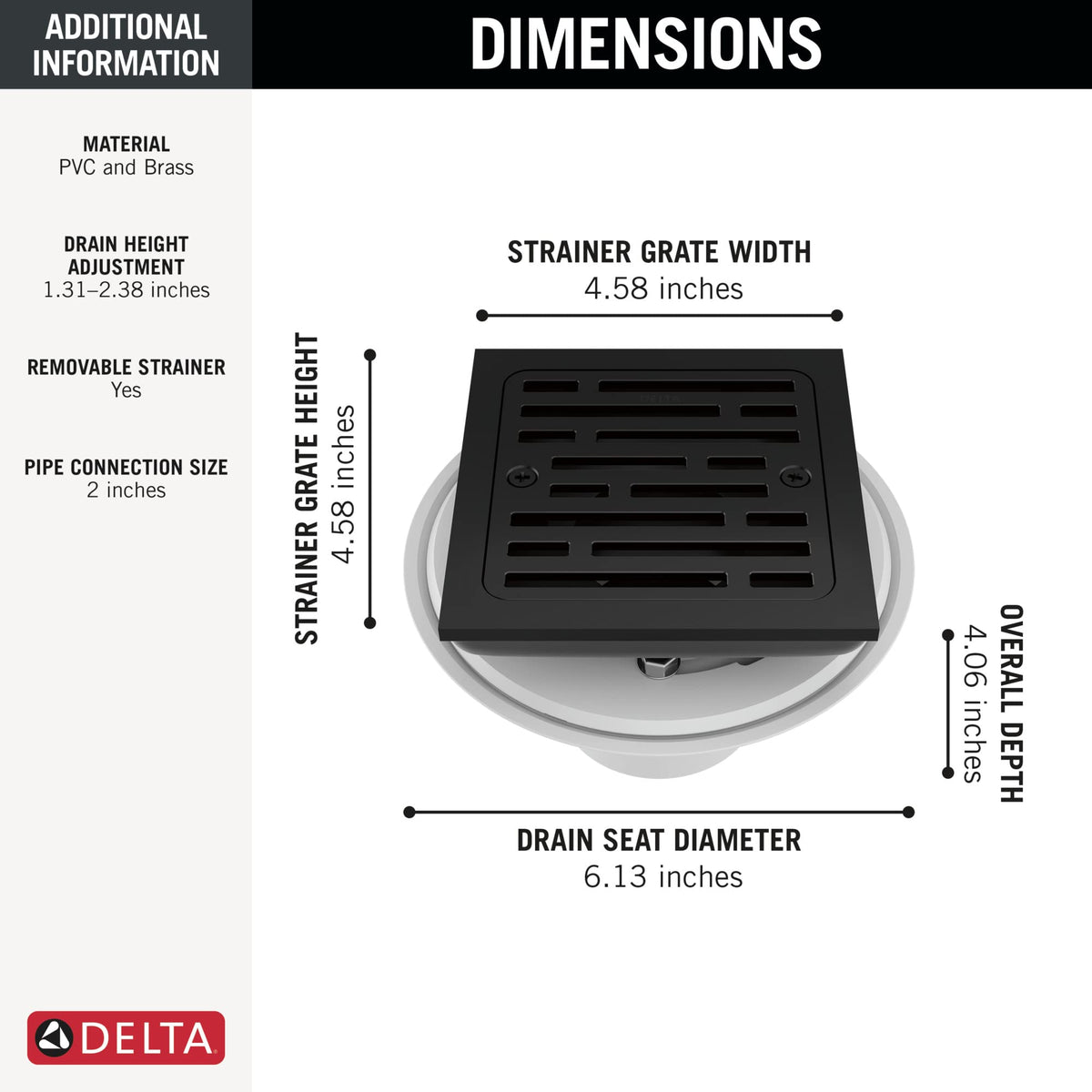 Delta removable strainer grate simplifies cleaning and maintenance.