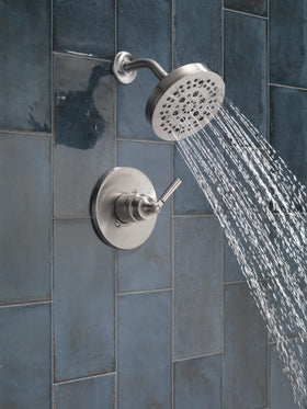 Delta Saylor 14 Series brushed nickel handle trim illustrating versatile spray options for personalized showers.