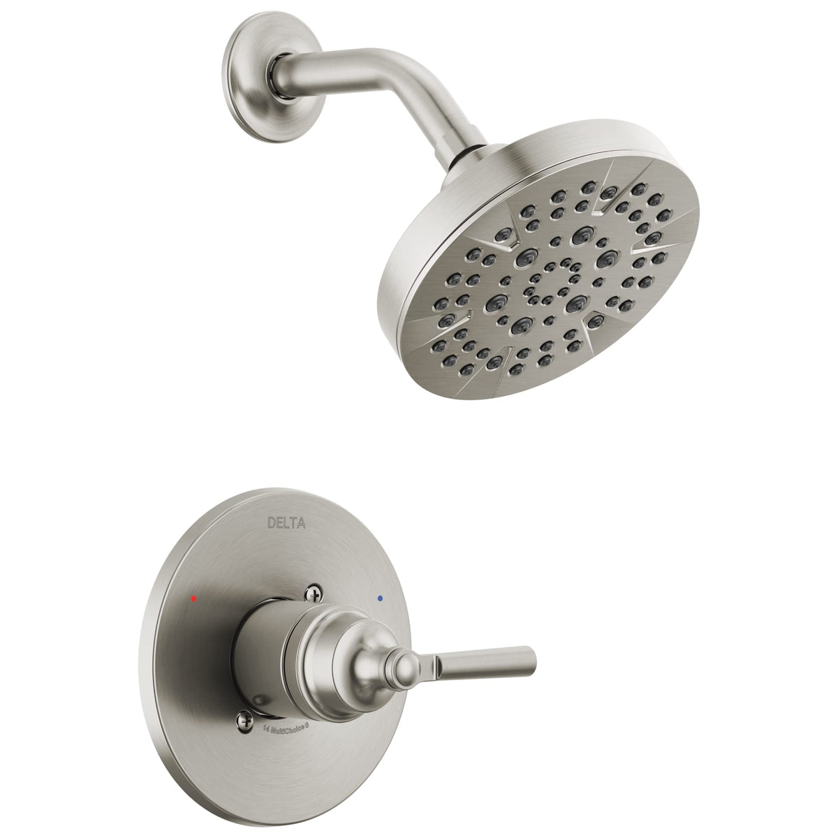 Delta Saylor 14 Series brushed nickel shower head showing durable finish for long-lasting shine.