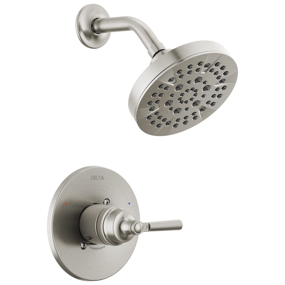 Delta Saylor 14 Series brushed nickel shower head showing durable finish for long-lasting shine.