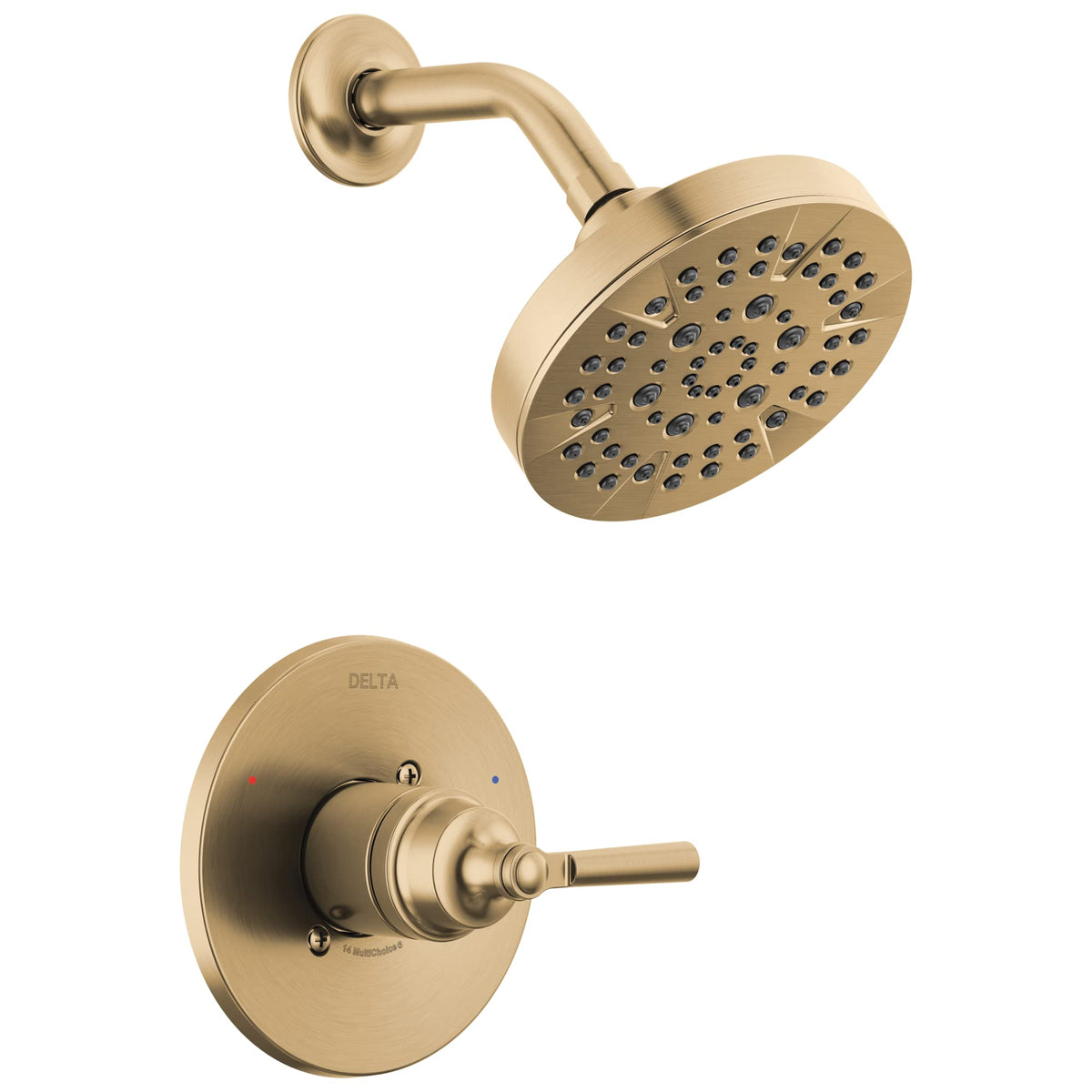 Delta Saylor brushed gold shower head with five spray options for versatility.
