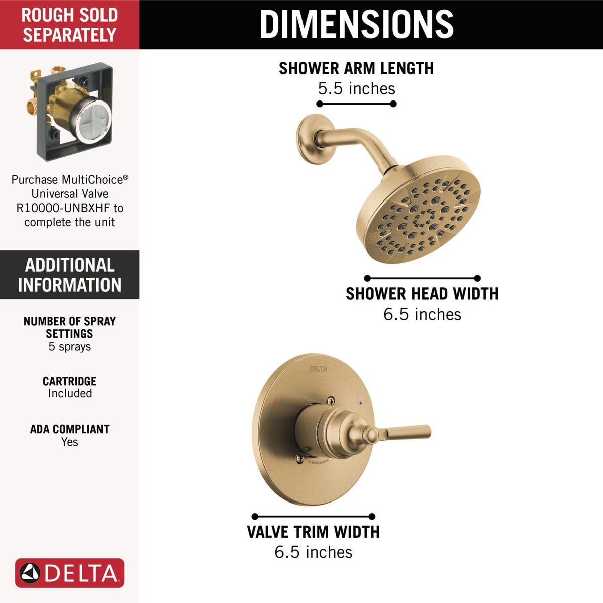 Delta Saylor brushed gold valve trim highlighting a durable corrosion-resistant finish.