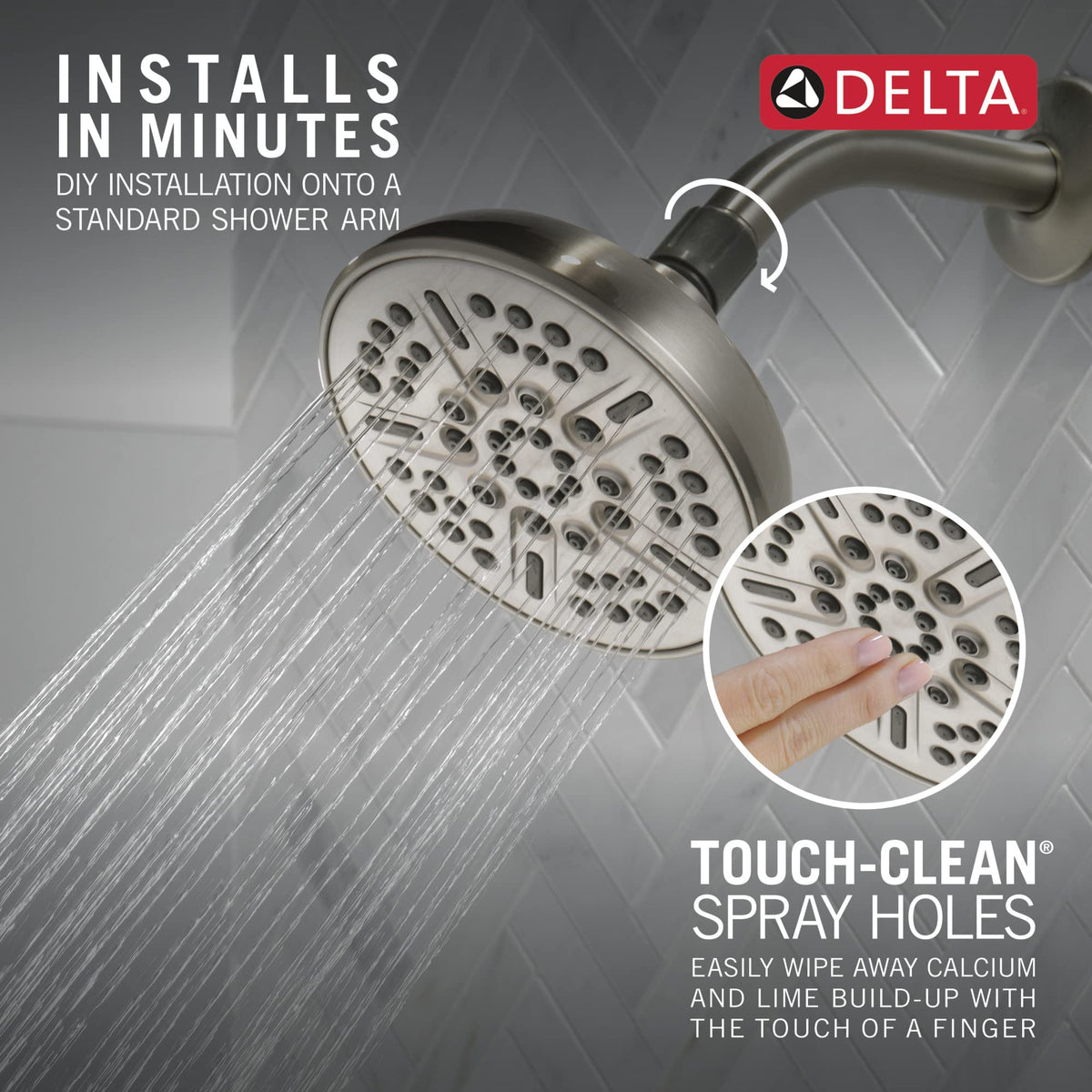 Delta shampoo rinse spray with massage in brushed nickel for thorough cleansing.