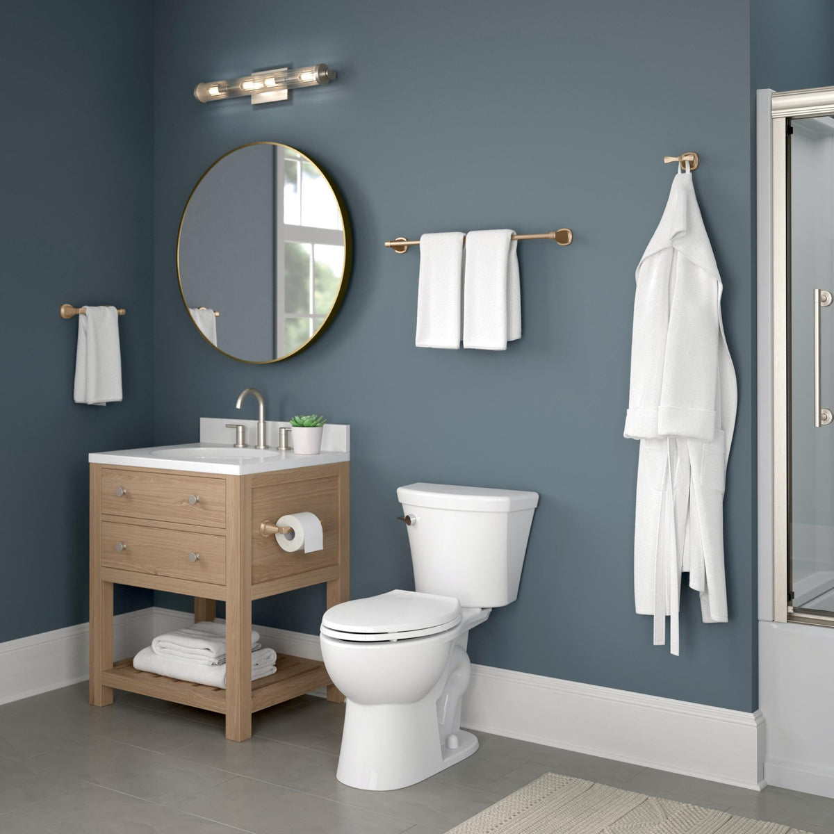 Delta Stryke towel hook in bathroom scene for towels and robes