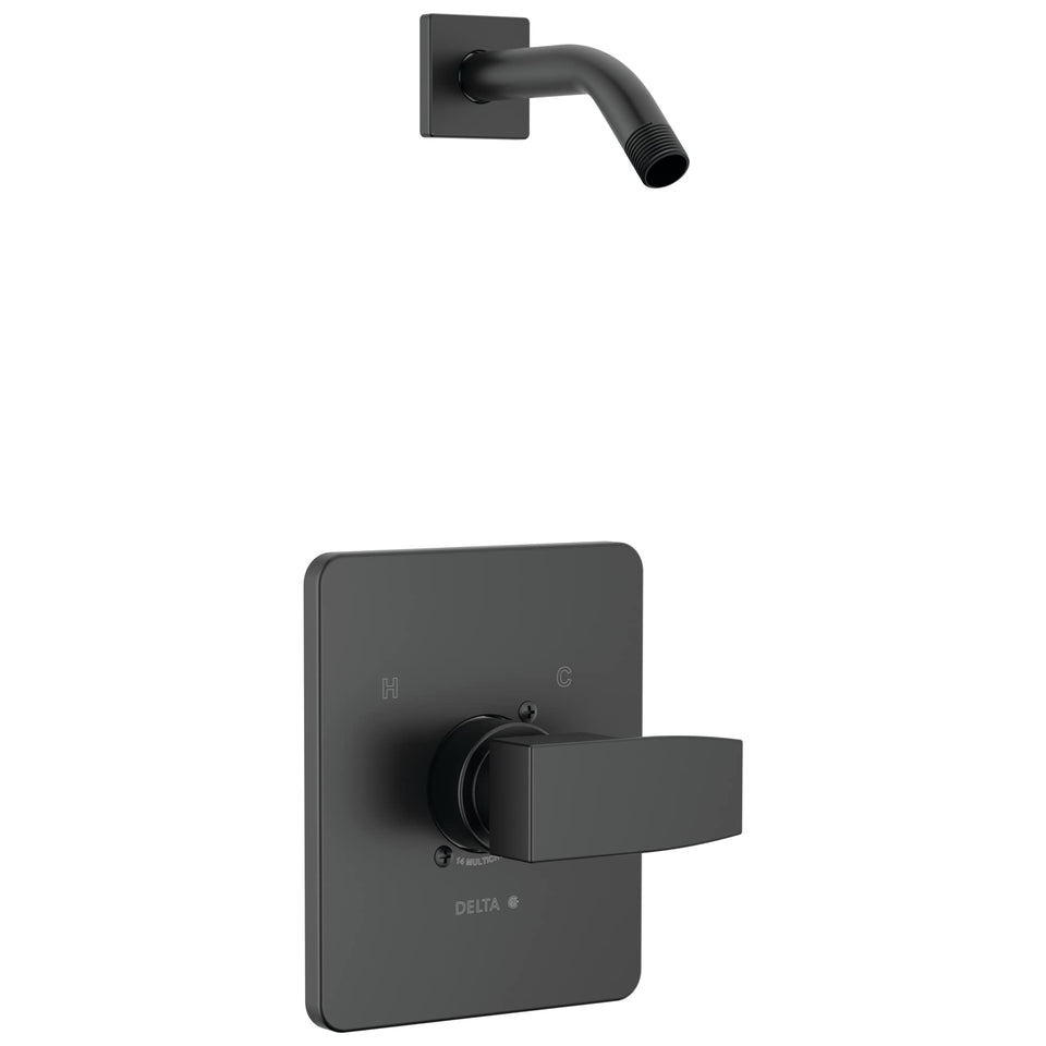 Delta T14267 matte black shower trim front view highlights modern style