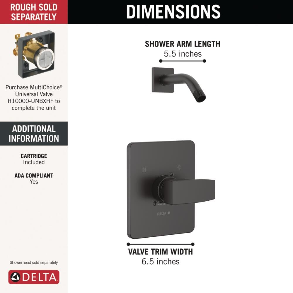 Delta T14267 matte black shower trim side view shows sleek lines