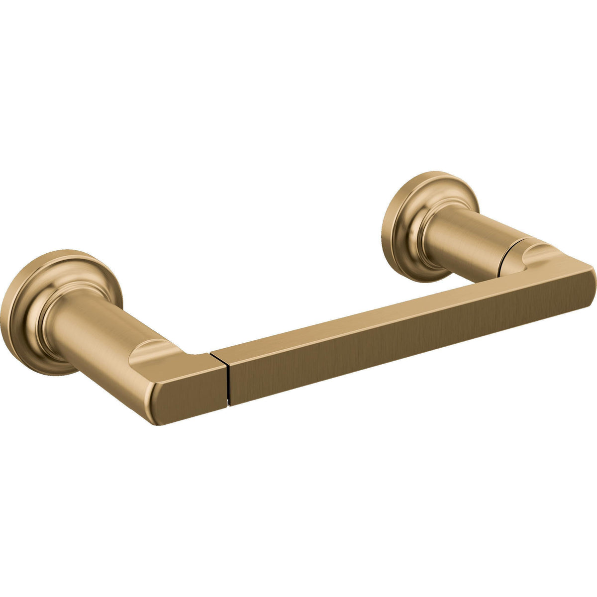 Delta Tetra Pivot Arm toilet paper holder in Champagne Bronze for easy roll changes.