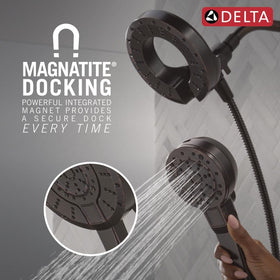 Delta three-way diverter enabling separate or combined use of shower head and handheld.
