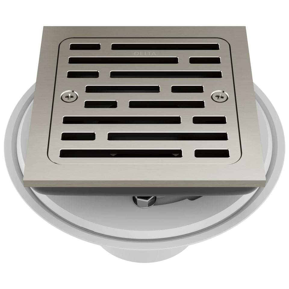 Delta tile-in square drain brushed nickel finish for cohesive bathroom design.