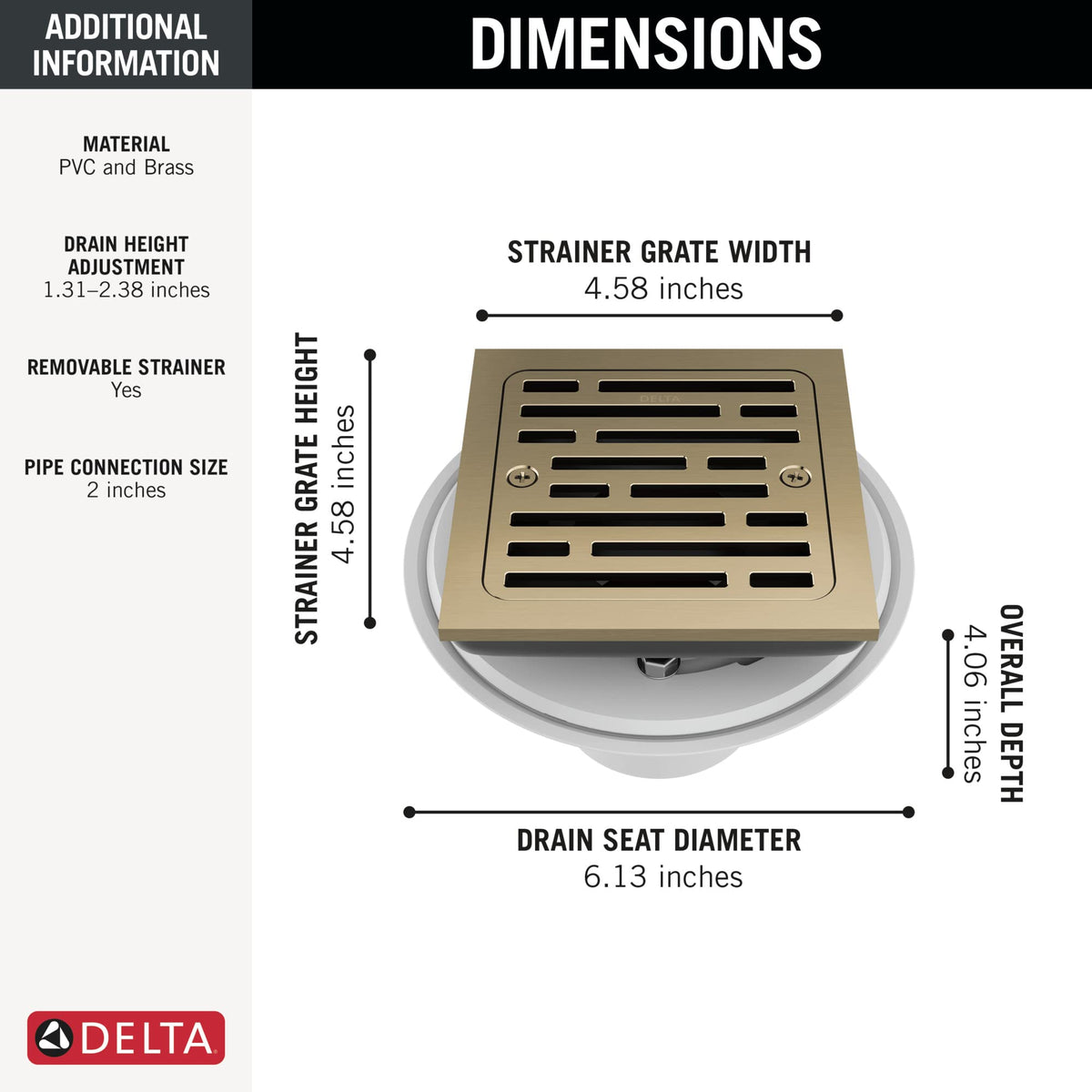 Gold Delta drain installed in tile shower for seamless contemporary look