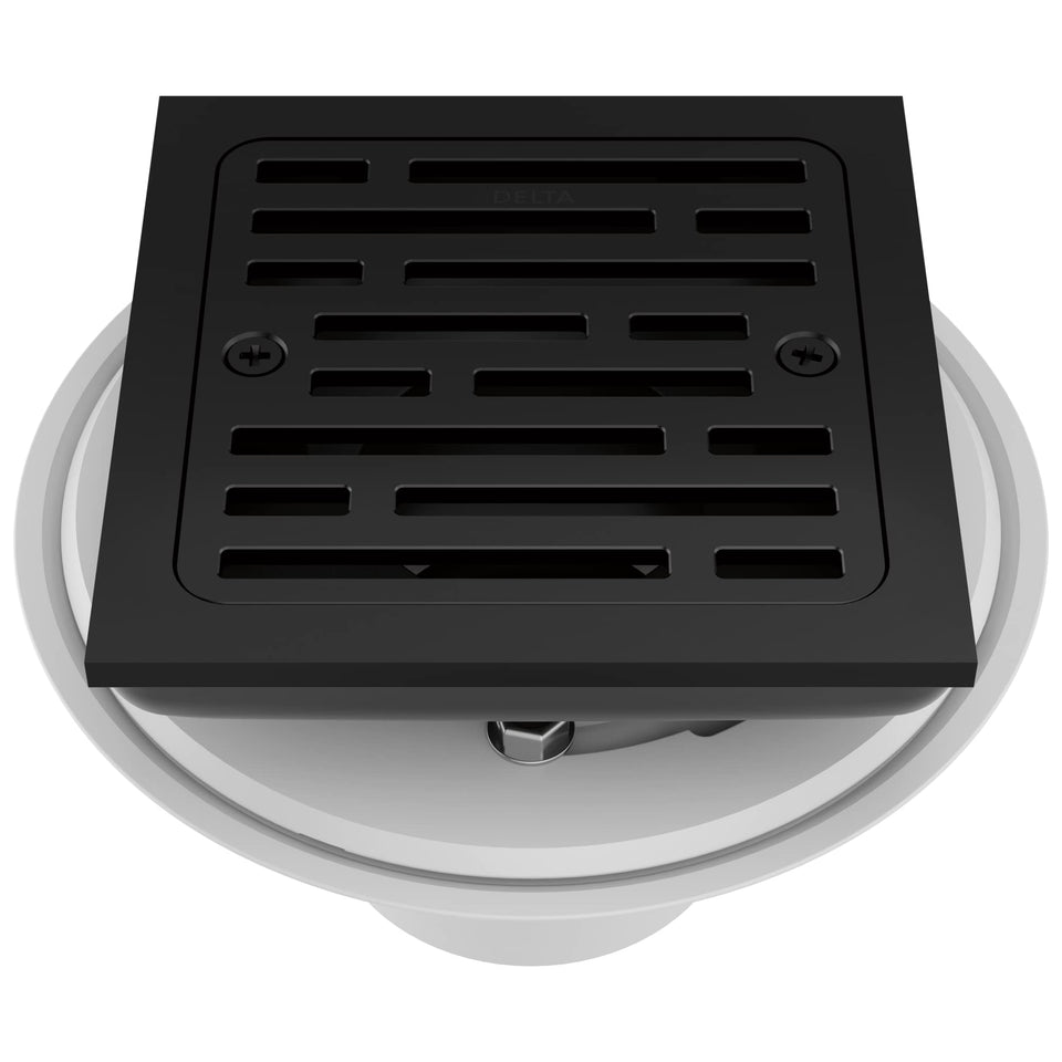 Delta Tile-In Square Shower Drain in matte black for a seamless tile finish.