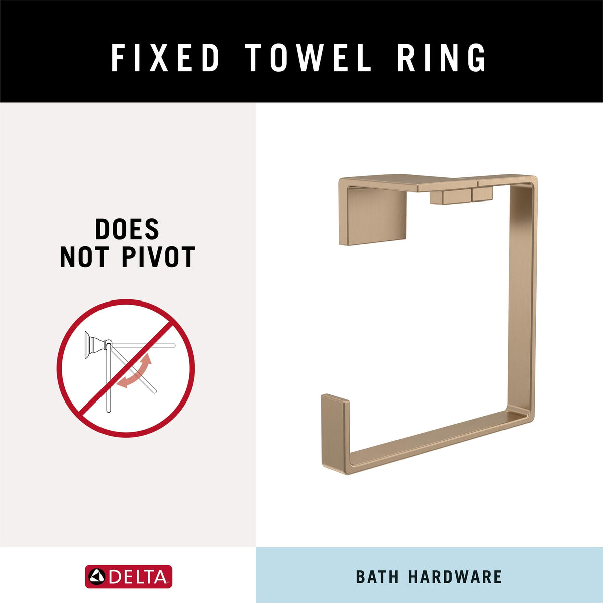 Close-up of the Delta square champagne bronze finish on the towel ring.