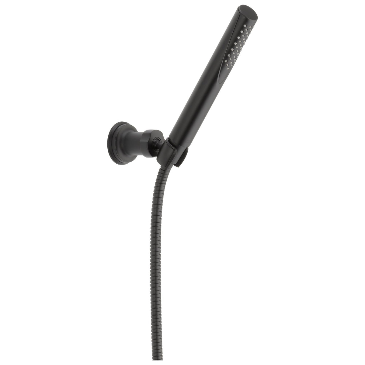 Delta Trinsic matte black hand shower front view for a bold, modern bathroom statement.
