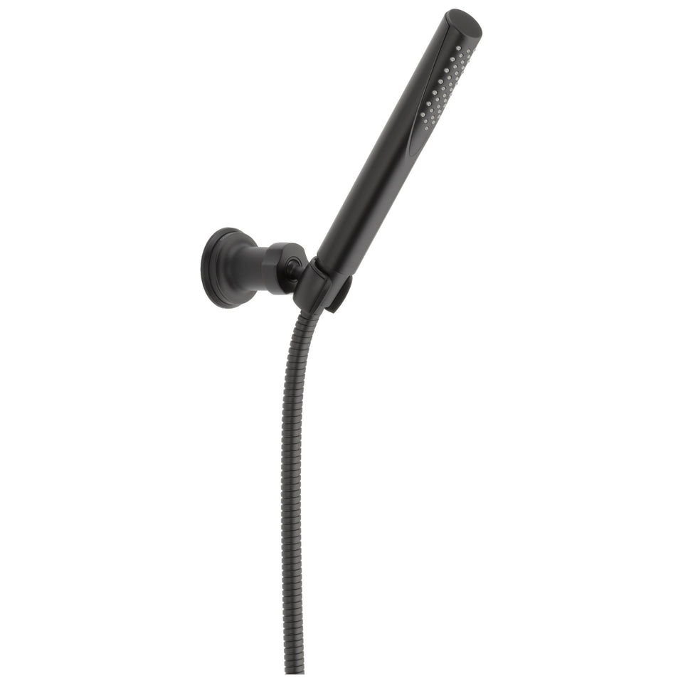 Delta Trinsic matte black hand shower front view for a bold, modern bathroom statement.