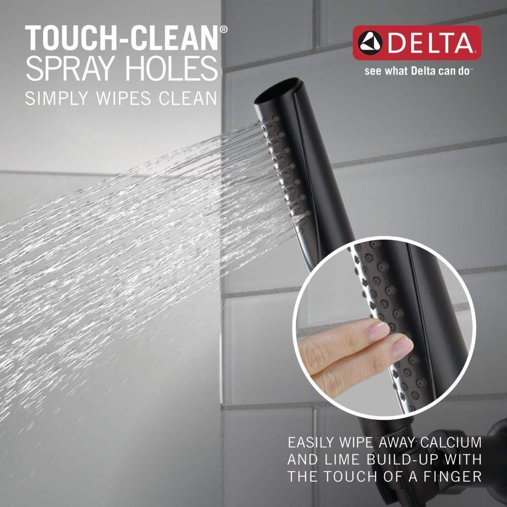 Delta Trinsic hand shower with Touch-Clean spray holes for quick mineral residue wipe.