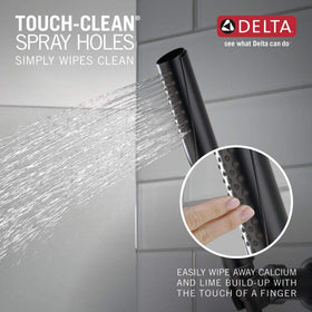 Delta Trinsic hand shower with Touch-Clean spray holes for quick mineral residue wipe.