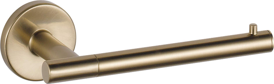 Delta Trinsic Champagne Bronze wall-mount toilet paper holder adds warm luxury and space-saving appeal.
