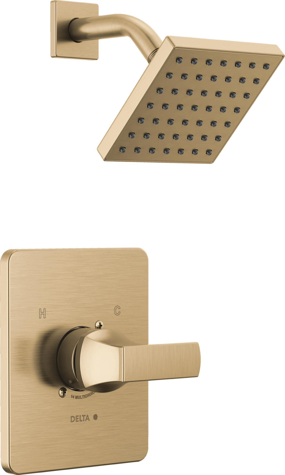 Delta Velum 14 Series brushed gold shower head with expansive spray coverage