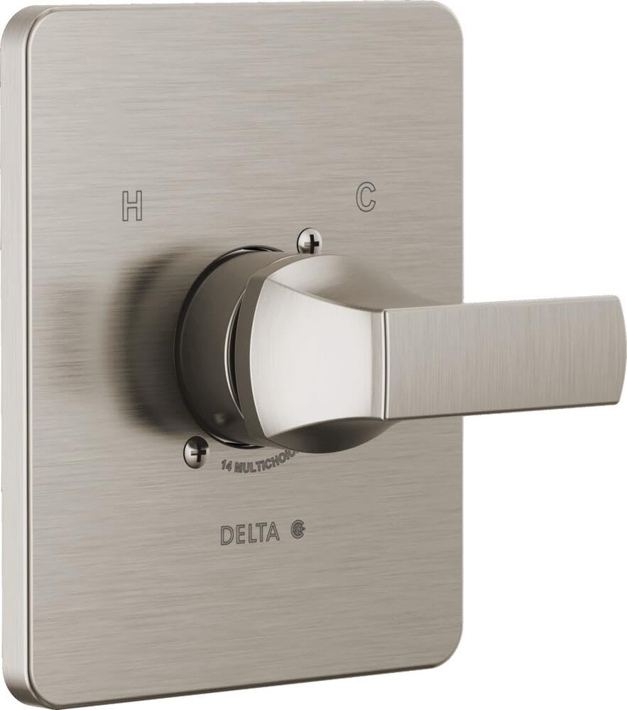 Delta Velum 14-series brushed-nickel valve trim close-up highlighting durable finish
