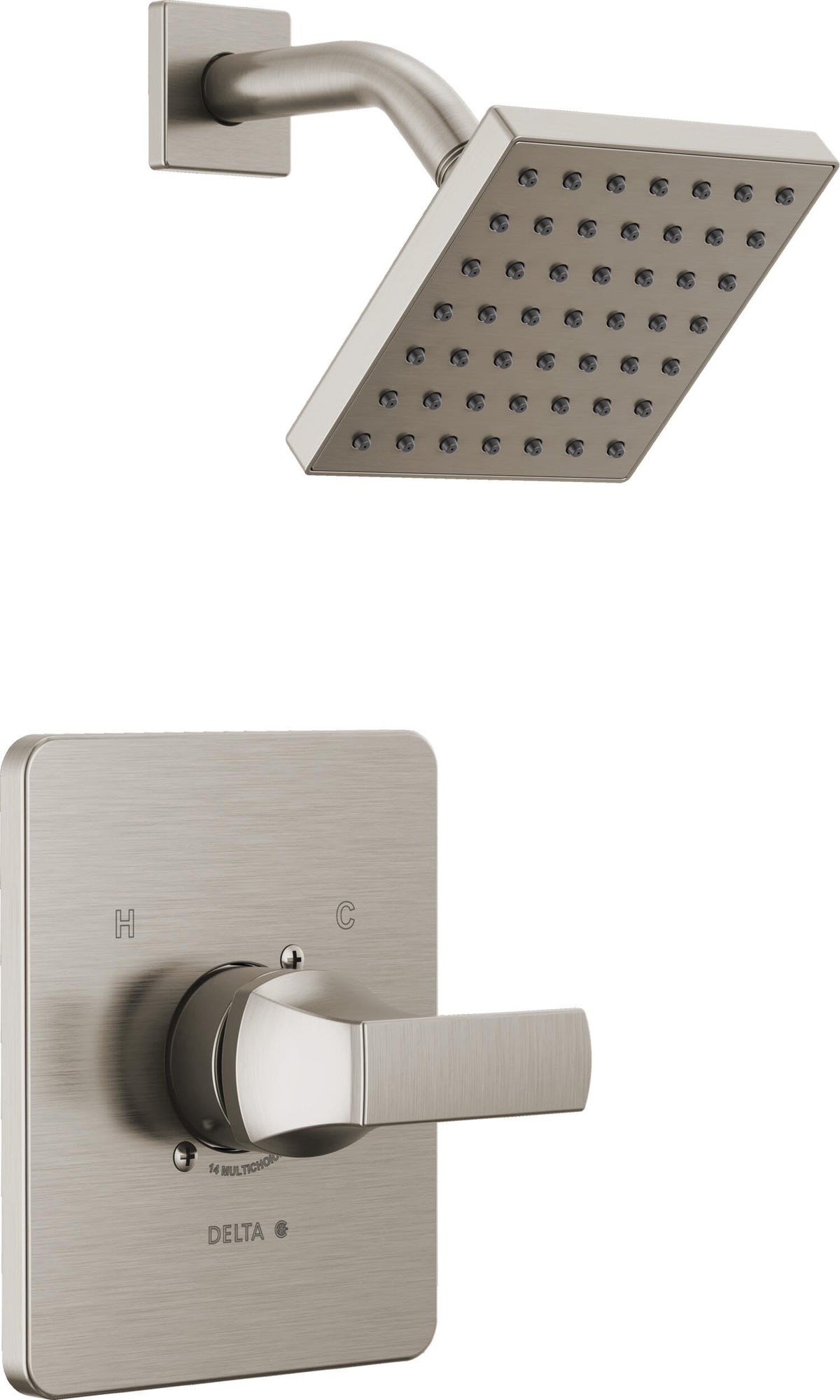 Delta Velum 14 Series shower head in brushed nickel delivering immersive full-body spray.