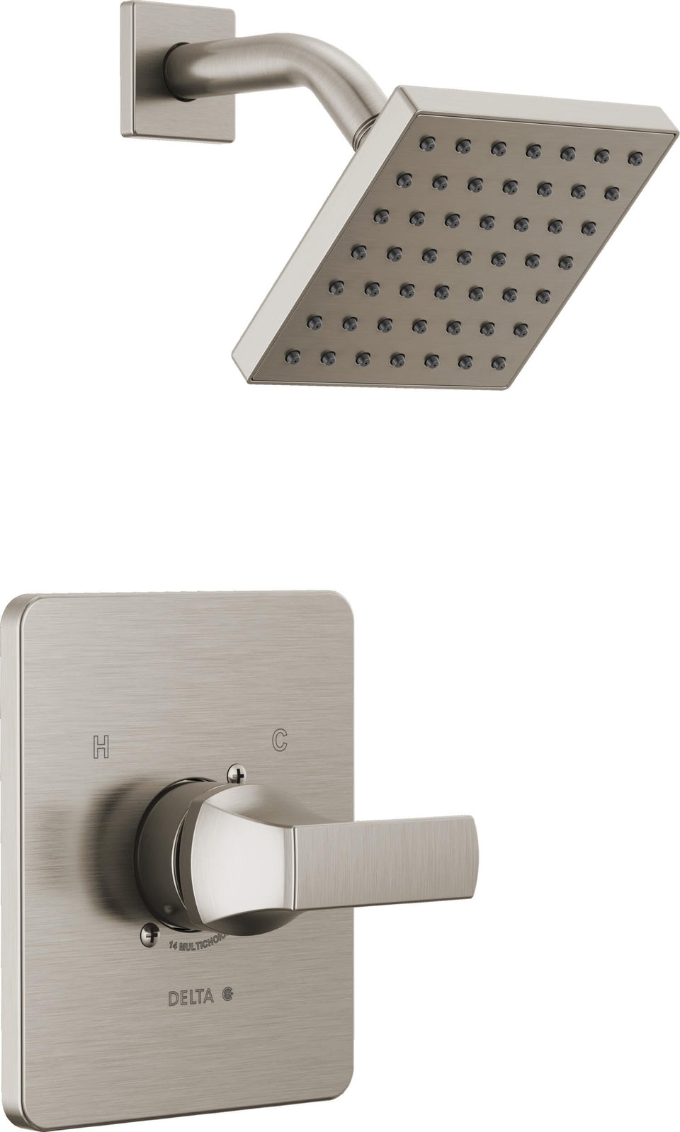 Delta Velum 14 Series shower head in brushed nickel delivering immersive full-body spray.
