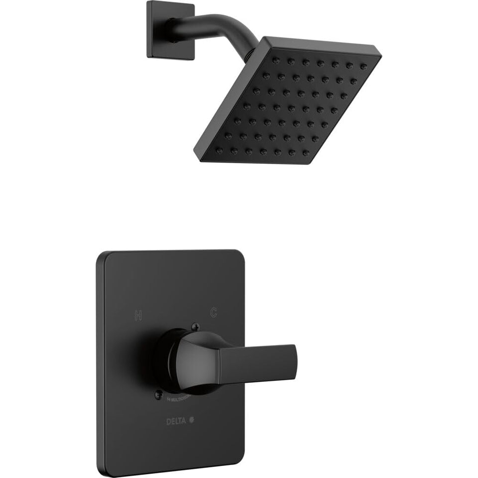 Delta Velum 14 Series matte black shower head delivers wide spray for full coverage