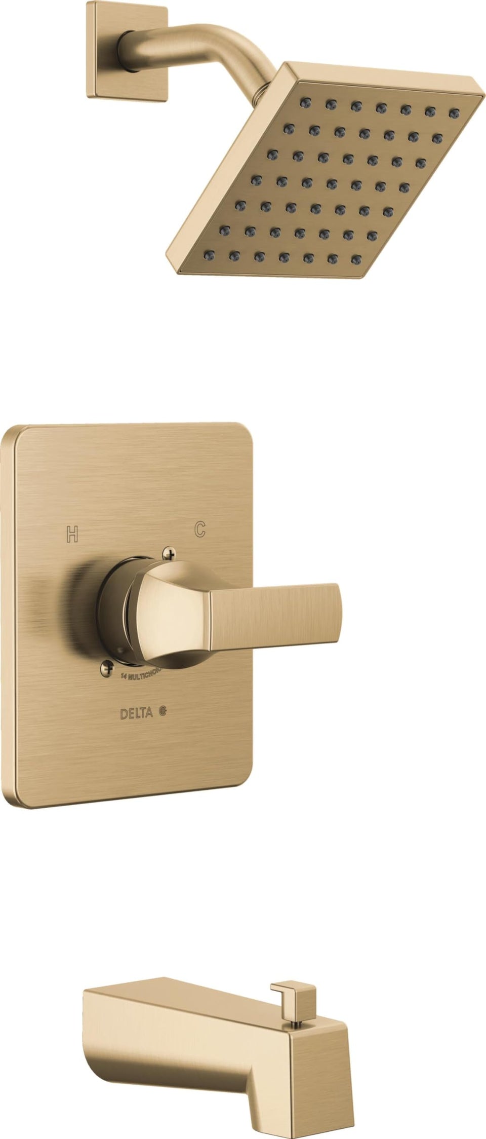 Delta Velum 14 square bathtub trim in champagne bronze enhances modern bathrooms with durable finish.