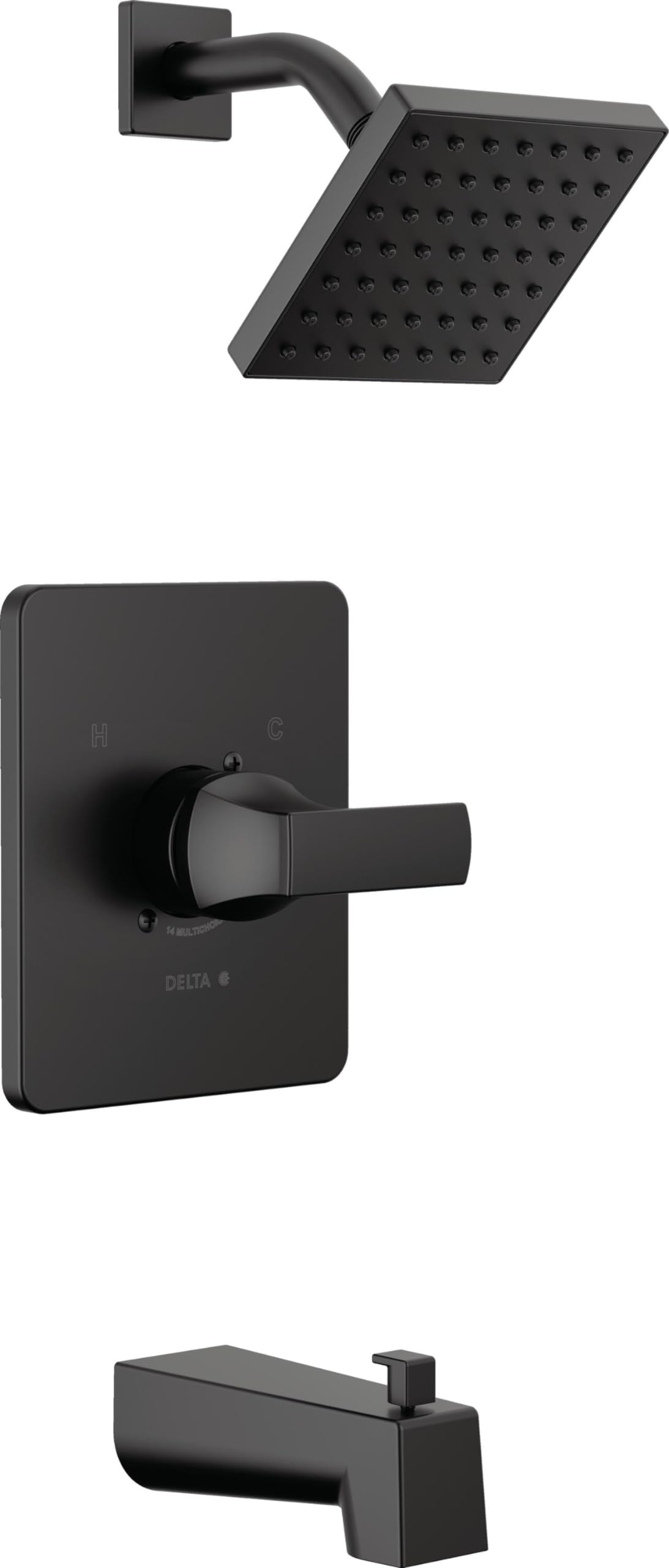 Delta Velum 14 matte black square faucet set for a modern bathroom.