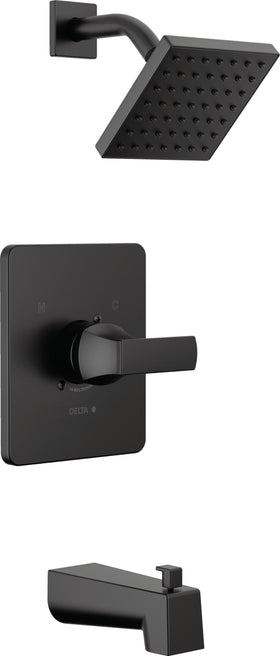 Delta Velum 14 matte black square faucet set for a modern bathroom.