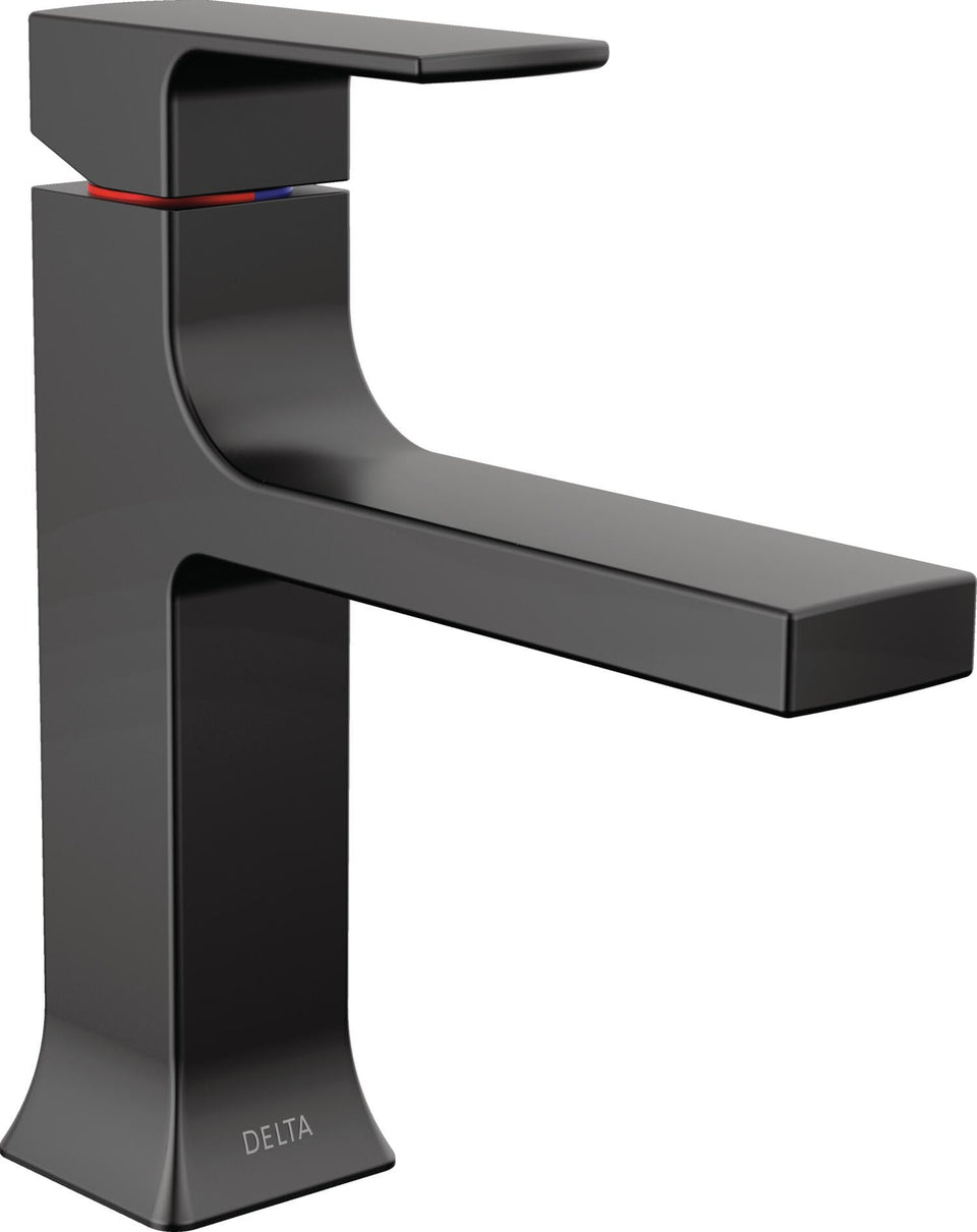 Delta Velum matte black bathroom faucet front view shows a sleek, modern look.