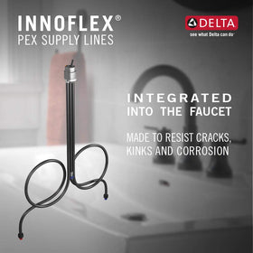 Delta Velum matte black push-pop drain enables quick cleaning and maintenance.