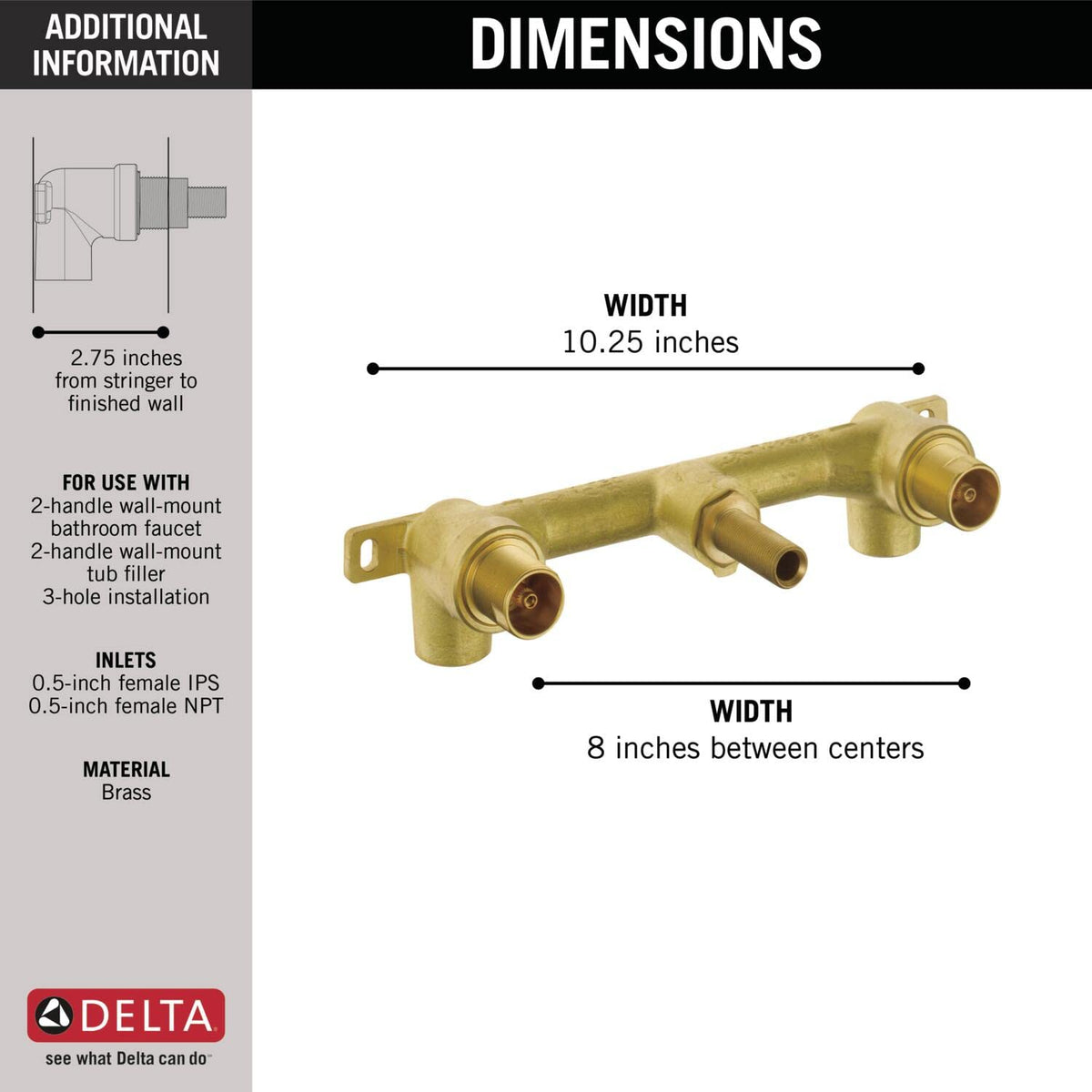 Delta 3-hole, 8-inch center layout supports two-handle faucet trims.