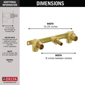 Delta 3-hole, 8-inch center layout supports two-handle faucet trims.
