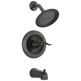 Delta Windemere 14-series bathtub-shower set: sleek oil rubbed bronze finish enhances bathroom style.