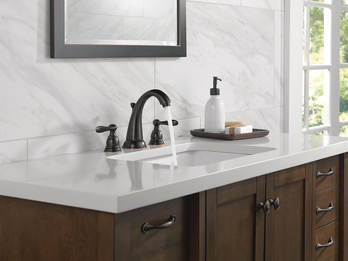 Delta Windemere 8-inch widespread installation demonstrates flexible three-hole setup