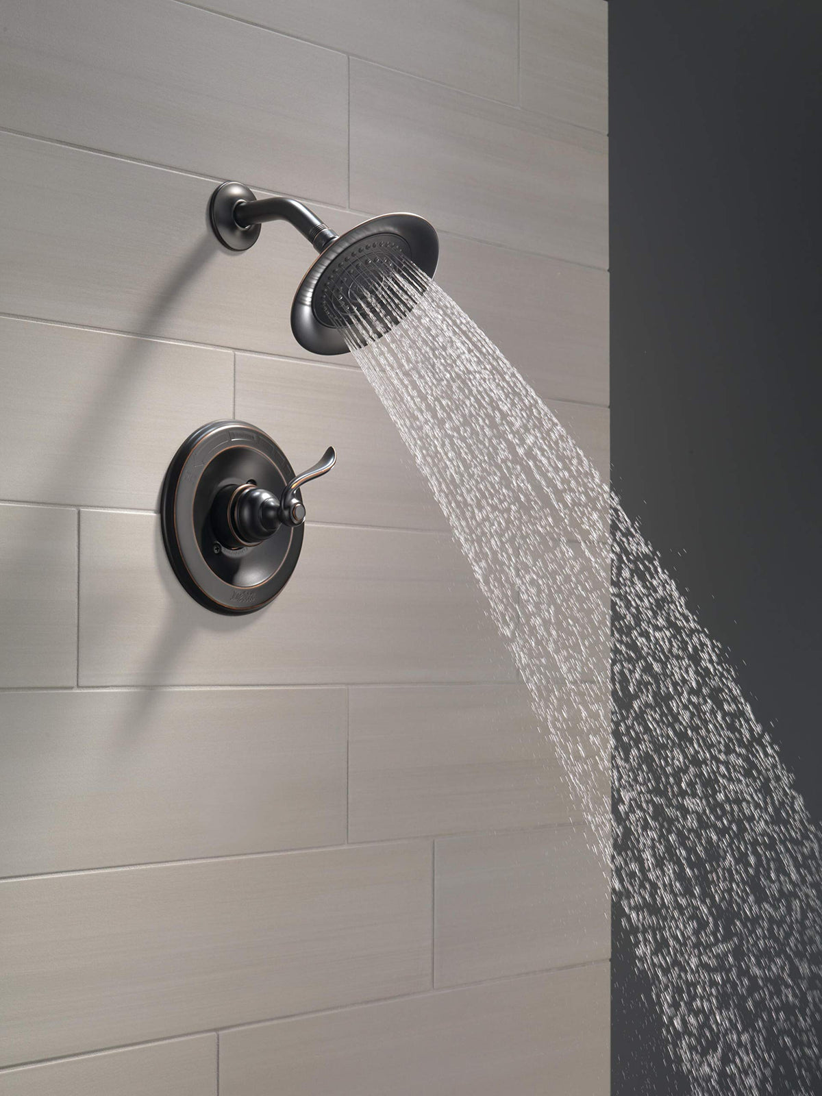 Delta Windemere bronze shower head featuring oil-rubbed finish and wide spray.